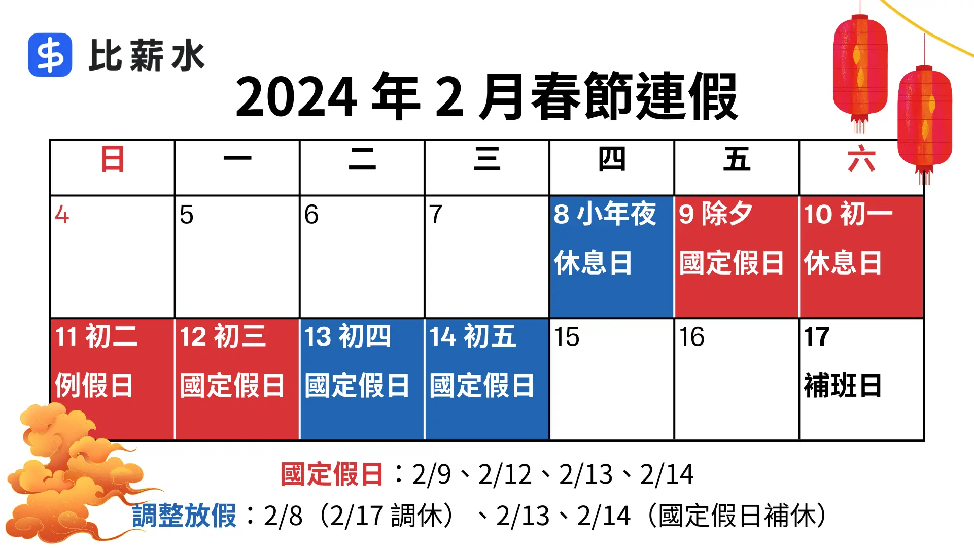 2024-過年-春節-連假-雙倍薪-行事曆
